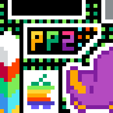 image depicting a sign with the letters p p 2 written on it, in between other artworks in green lattice