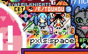 Reimu and Hatsune Miku as seen on the /r/place 2022 collaboration. This is a screenshot of the two in pixelated form, with a small heart between them.