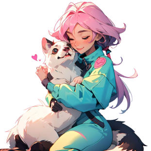 A artwork, generated by an AI. A comic girl cuddling a cute ferret.